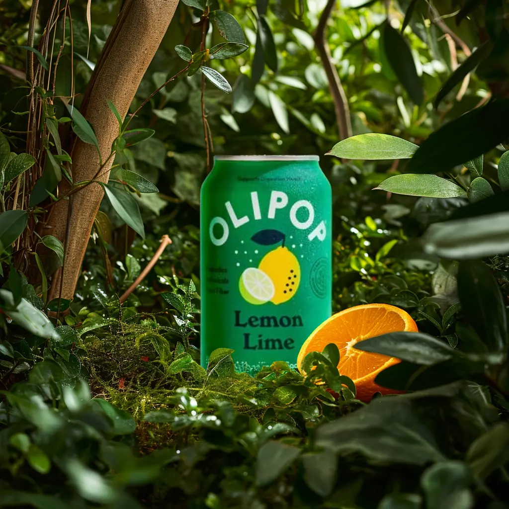 a soda can in a forest, lemon around