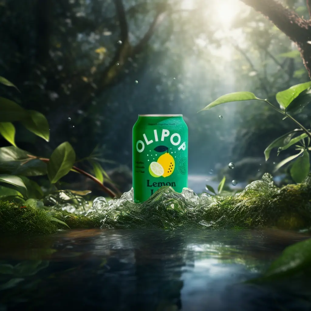 a soda can in forest, on water, water splash, lemon, fresh