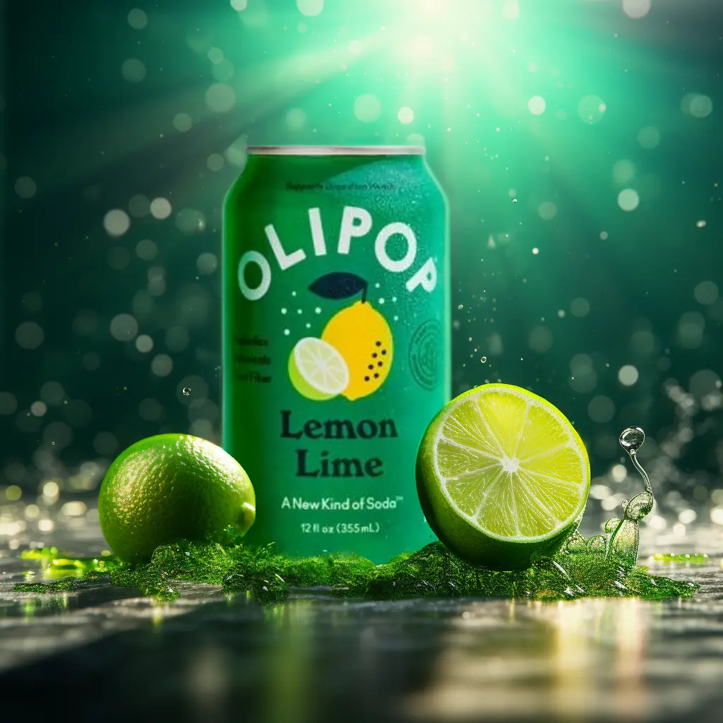 a soda can on grass, lemon in a minimal background